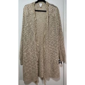 Chico’s Sz 1 Medium Womens Long Line Cream Cardigan Embroidery With fringe Boho